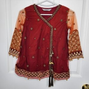 Maria B. Tunic Dress Red And Gold Embroidered Size 4 - 6